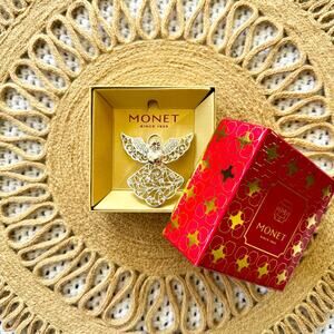 Monet NIB Silver Tone Angel Wings Heart Clear Jewel Rhinestones Pin Brooch New